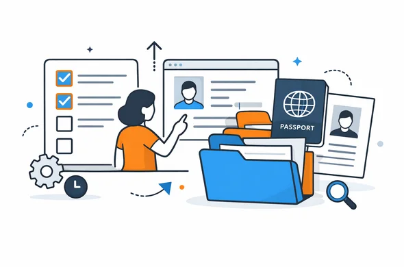 Flat vector illustration of an organized digital visa workflow with checklist, folders, passport details and calm interface, faceless abstract characters, clean modern tech feel, minimal background, Aid-Air palette