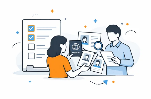 Semi-flat vector illustration of reviewing visa documents and photos against an organized checklist, faceless abstract characters, calm organized atmosphere, clean modern tech feel, minimal background, Aid-Air palette