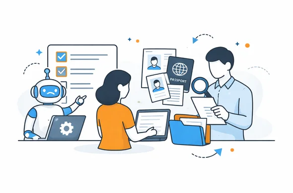Flat vector illustration of a calm collaboration between digital automation and human review in a visa process, faceless abstract characters, modern tech interface, minimal background, Aid-Air palette