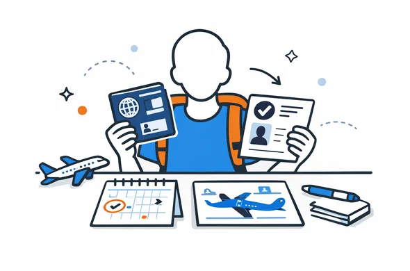 Flat semi-flat vector illustration, faceless abstract traveler comparing visa approval, passport and flight dates on desk, calm organized atmosphere, minimal background, Aid-Air palette, clean modern tech feel