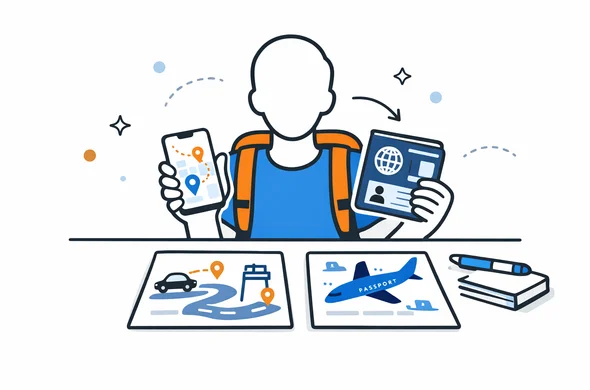 Flat semi-flat vector illustration, faceless abstract traveler checking passport, route changes and entry points on phone and documents, calm organized atmosphere, minimal background, Aid-Air palette, clean modern tech feel