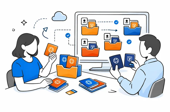 Flat semi-flat vector illustration, abstract faceless characters organizing passports and digital folders for multiple travelers, minimal background, calm structured workflow, Aid-Air palette, modern tech style