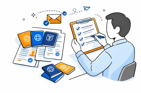 Flat semi-flat vector illustration, faceless abstract person reviewing a checklist beside multiple passports and forms before submission, calm organized atmosphere, minimal background, Aid-Air palette, modern vector tech feel
