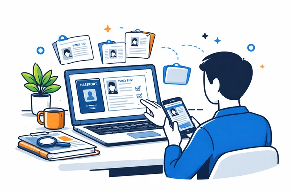 Flat semi-flat vector illustration, faceless abstract person checking passport details, names and old document files on laptop and phone, calm organized atmosphere, minimal background, Aid-Air palette, clean modern tech feel
