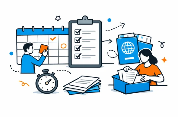 Flat semi-flat vector illustration of a calm visa planning timeline with calendar, checklist, passport, and abstract faceless characters organizing documents, clean modern tech feel, minimal background, Aid-Air palette Flat semi-flat vector illustration of a calm visa planning timeline with calendar, checklist, passport, and abstract faceless characters organizing documents, clean modern tech feel, minimal background, Aid-Air palette