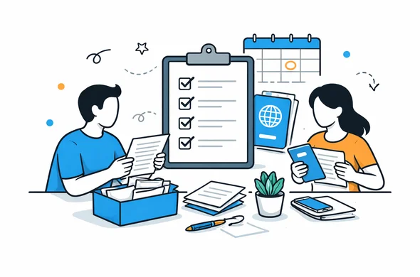 Flat semi-flat vector illustration of a calm pre-appointment review session with checklist, passport, calendar and abstract faceless characters, organized desk, minimal background, clean modern tech feel, Aid-Air palette Flat semi-flat vector illustration of a calm pre-appointment review session with checklist, passport, calendar and abstract faceless characters, organized desk, minimal background, clean modern tech feel, Aid-Air palette