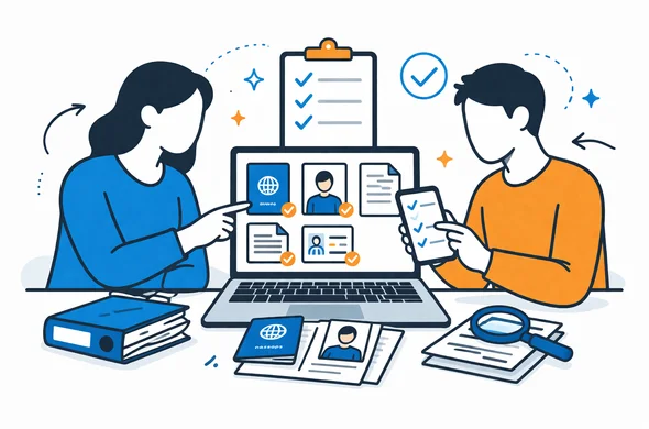 Flat semi-flat vector illustration of final pre-submission review of photographed study visa documents on phone and laptop, checklist visible, faceless abstract characters, calm organized atmosphere, clean modern tech feel, minimal background, Aid-Air palette