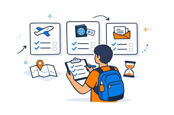 Flat semi-flat vector illustration of a traveler comparing several visa route options on a checklist, clean modern tech feel, faceless abstract characters, calm organized atmosphere, minimal background, Aid-Air palette Flat semi-flat vector illustration of a traveler comparing several visa route options on a checklist, clean modern tech feel, faceless abstract characters, calm organized atmosphere, minimal background, Aid-Air palette