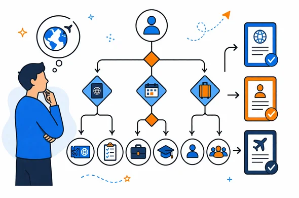 Flat semi-flat vector illustration of a calm decision tree for choosing the right visa path before application, clean modern tech feel, faceless abstract characters, minimal background, organized atmosphere, Aid-Air palette Flat semi-flat vector illustration of a calm decision tree for choosing the right visa path before application, clean modern tech feel, faceless abstract characters, minimal background, organized atmosphere, Aid-Air palette