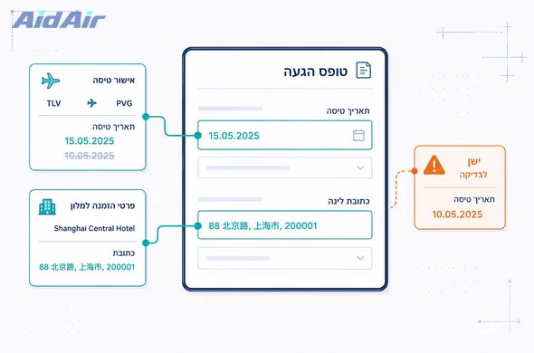 בדיקת שינוי בפרטי טיסה ולינה בטופס כניסה לסין